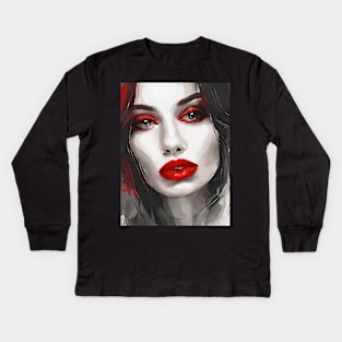 Vampire woman with red lips art ai Kids Long Sleeve T-Shirt